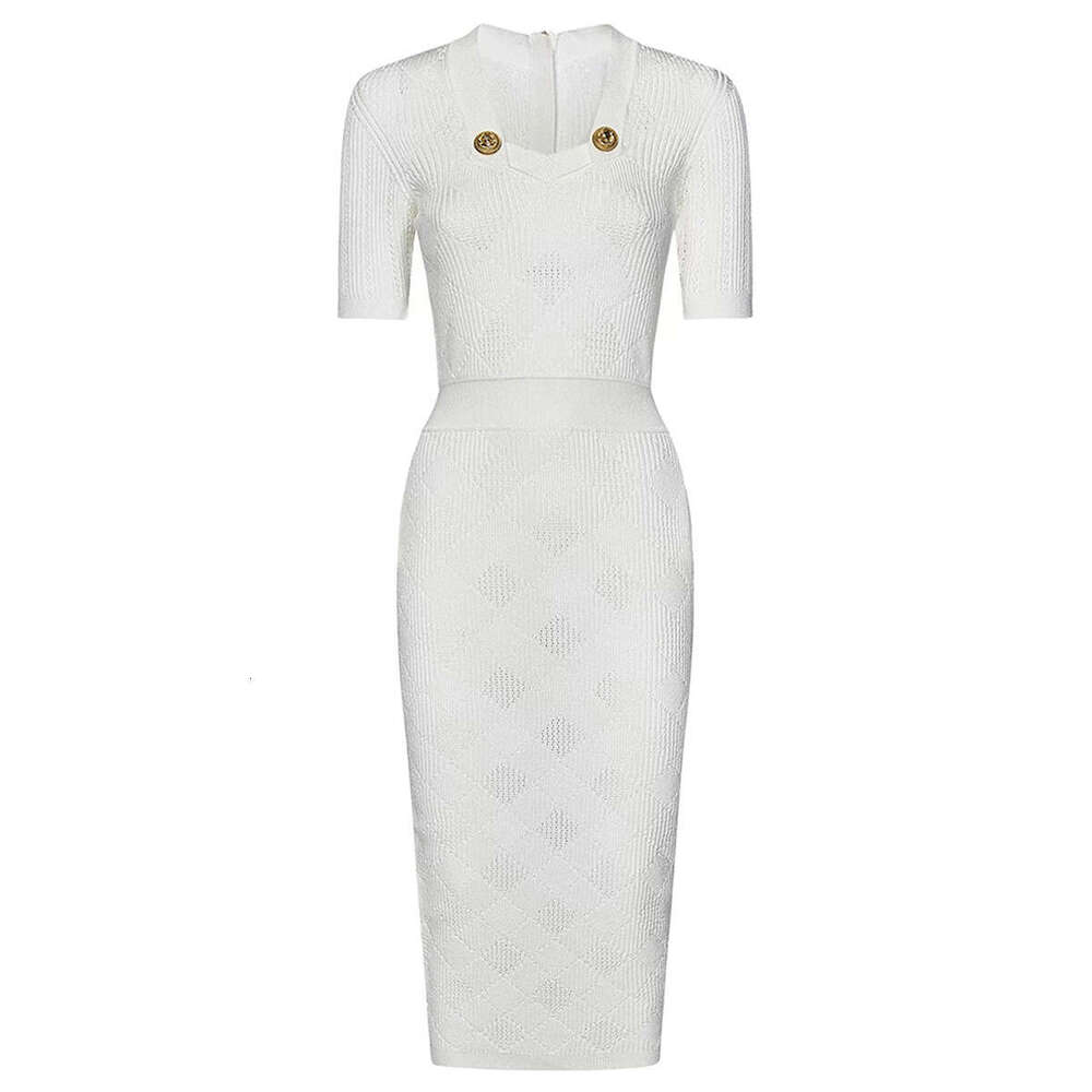 Spring and summer new designer short f23 sleeved slim fit mid length knitted long skirt simple and elegant layered dress