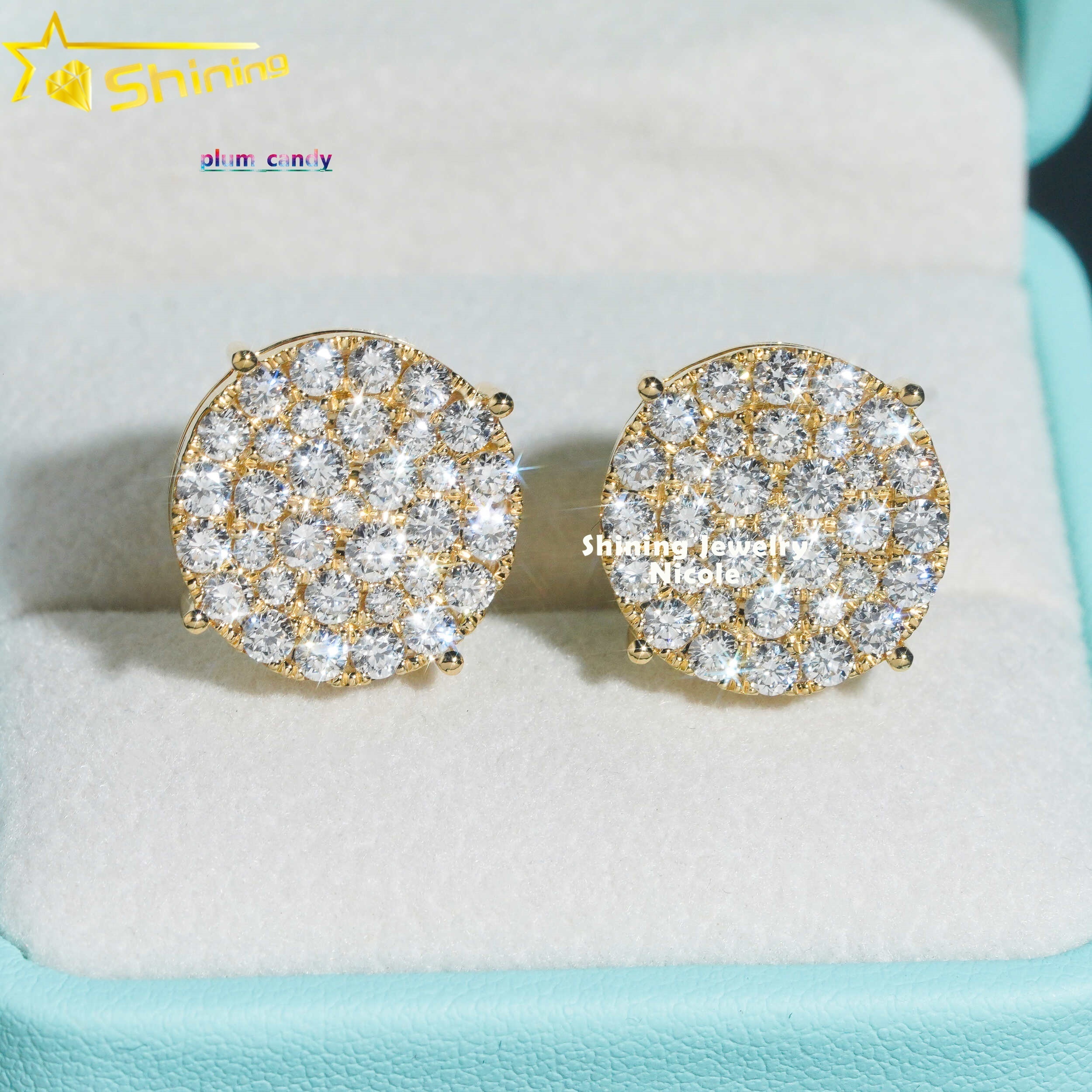 Luxury Hip Hop Yellow Gold Certified Iced Out Top Quality Solid 18k Gold Lab Diamond Earrings