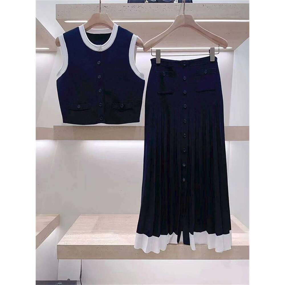 Splices Women Slim Fashion Knitted Suit Summer O-Neck Single Breatsed Sleeveless Short Vest +High Waist Midi Skirt Mdng260330