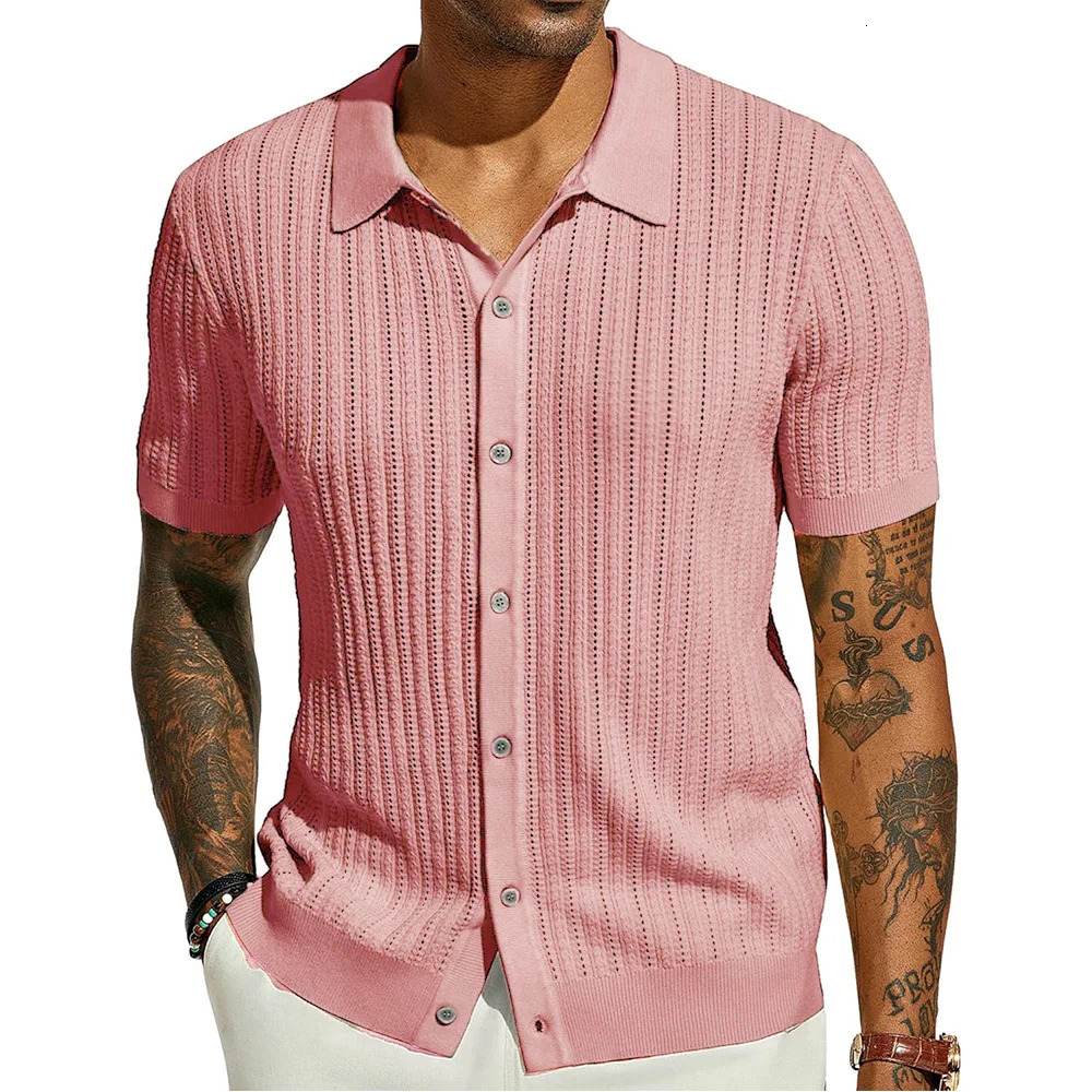 Summer Mens Casual Shirt Breathable Hollow Out Knit Shirt Short Sleeve Lapel Lightweight Top for Men European American Loose 260327