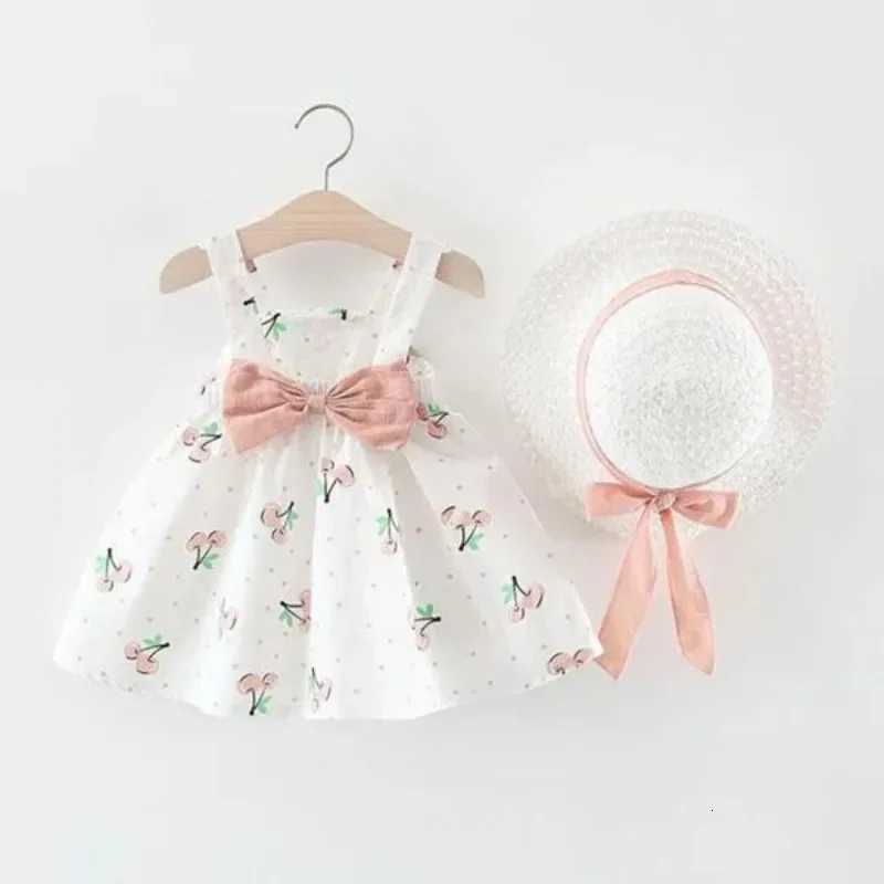1Pc Kids Girl Summer Sleeveless Dress Cute Print Bow Casual Dress with Straw HatT260330