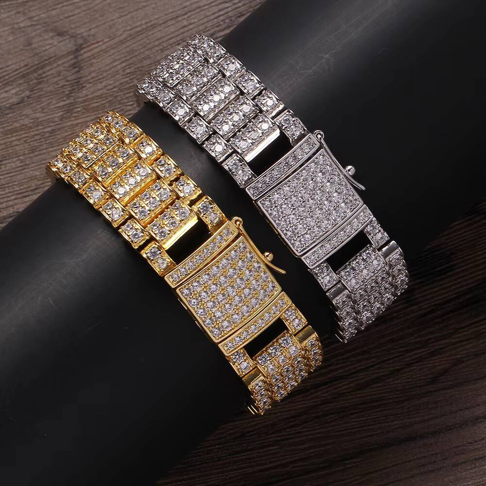 Mens Hip Hop Jewelry 18MM White Gold Plated Cubic Moissanite Iced Out Bracelet Watch Link Chain Bracelet