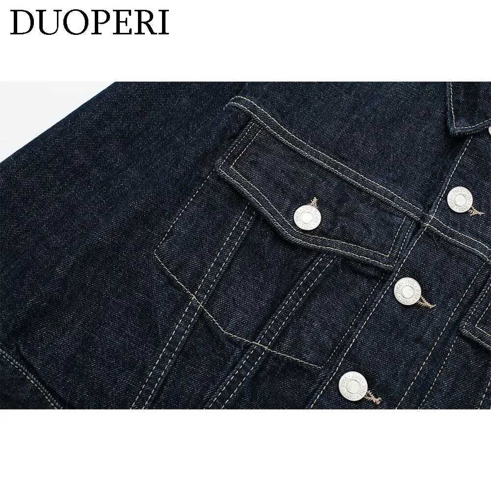 DUOPERI Women Fashion Denim Blue Single Breasted Jacket Lapel Neck Long Sleeves With Pockets Female Chic Lady Casual OutwearT260328