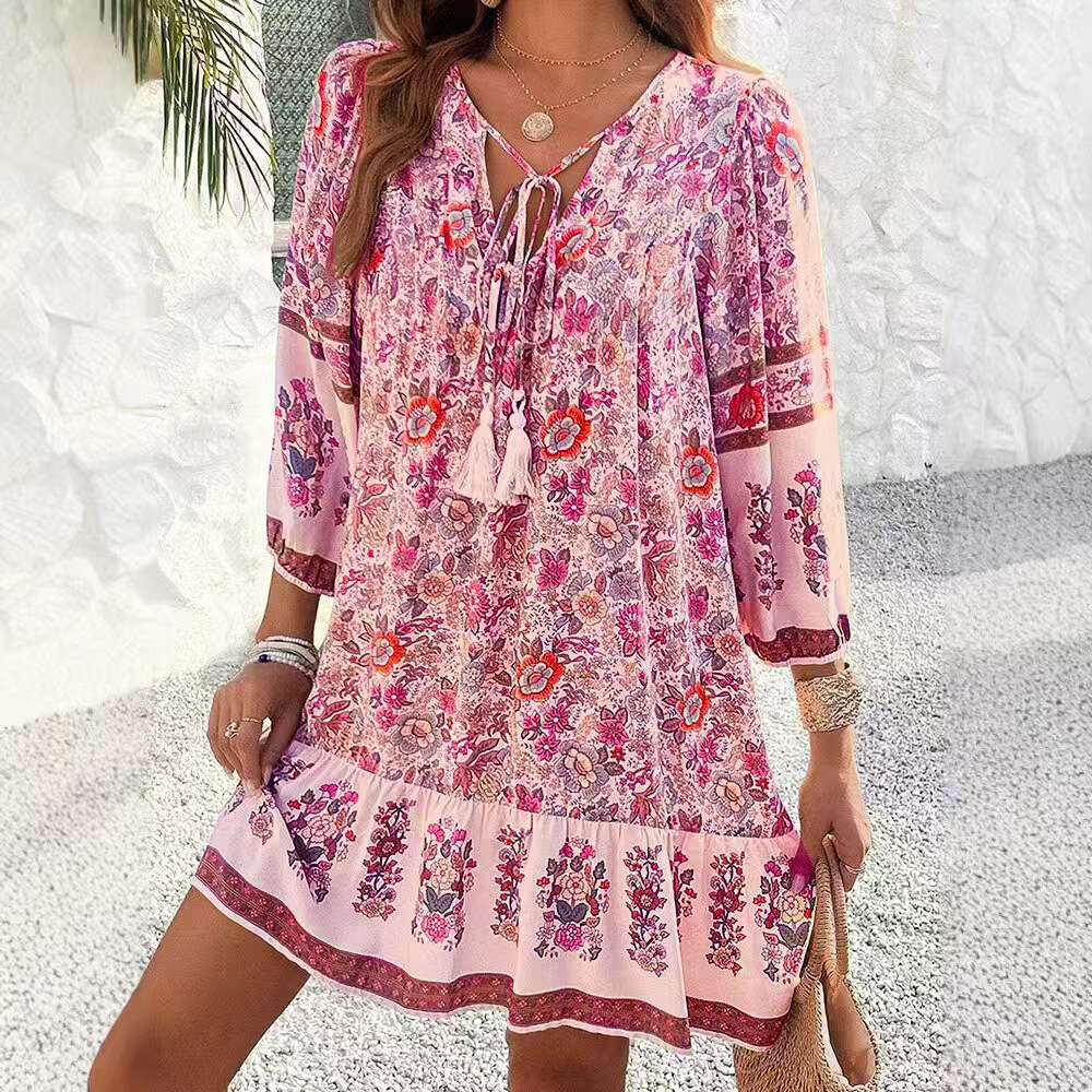 In-stock European and American cross-border printed shirt, foreign trade spring-summer casual bohemian vacation V-neck dress for women