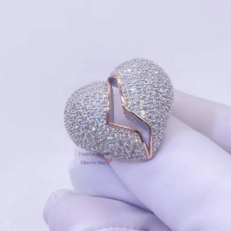 Hot Sell Drop Shipping White Gold Iced Out GRA Moissanite Diamond Heart Broken Iced Out Ring Hip Hop