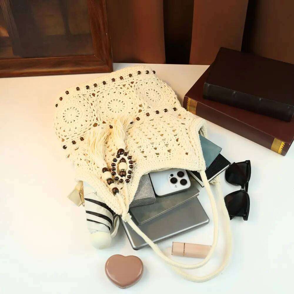 2026 New Crochet Knitting Openwork Woven Large Capacity Tassel Bead Shoulder Bag, Summer Beach Bag