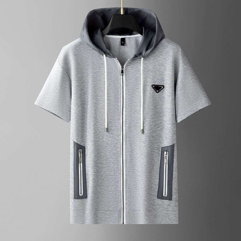 European fashion hooded zip-up short-sleeve T-shirt luxury new style loose trendy brand triangle logo versatile half-sleeve top