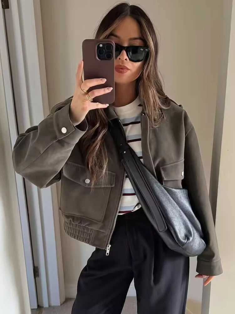 SLTNX Womens 2026 Spring and Autumn Elegant Coat Retro Lapel Zipper Long Sleeve Pocket Coat Ladies CoatT260328