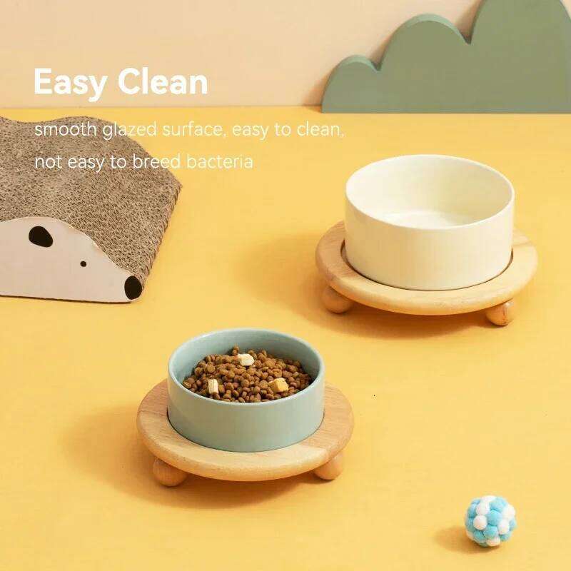 1800ML Ceramic Small Dog Food Water Bowl Elevated Cat Large Capacity Double Feeding Bowls with Wooden Stand Pet Drink Eat Feeder 26W0330