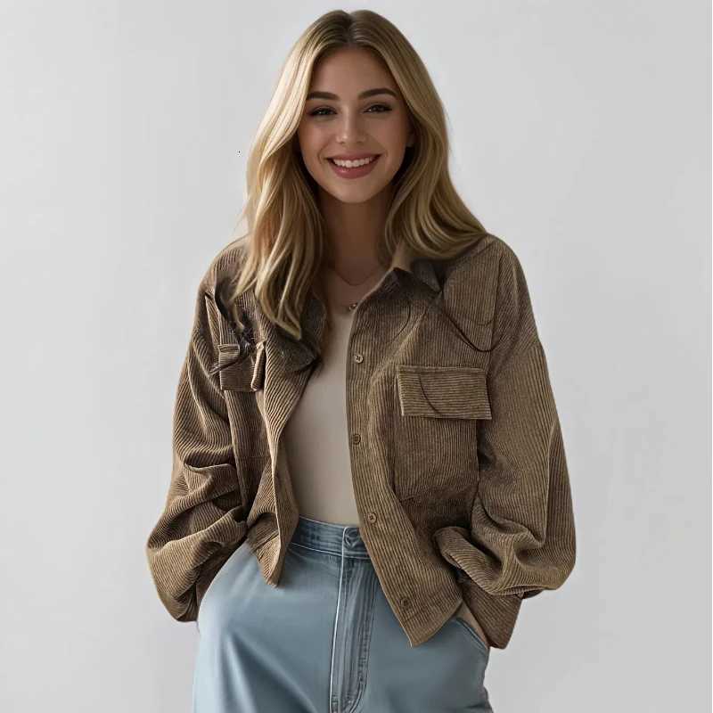 New Fashion Retro Versatile Coat Single Breasted Collar Corduroy Shirt Long Sleeve Womens Top 166T260328