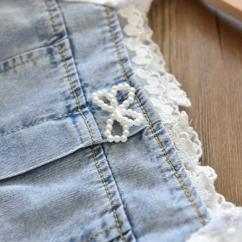 2022 Summer Girls Temperament Dress New Pearl Seersucker Sleeves Stitching Soft Denim A-Line Dresses ChildrenS Fashion ClothingT260330