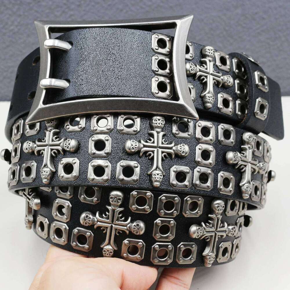 Heavy Duty Goth Street Men Rivet Real Pin Male Black Rock Genuine Leather Cowhide Punk Belt Jeans Chunjinqiuli