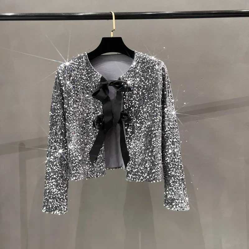 European and American Style Chic Sequined Small Suit Light and Mature Style BINGBING Sequined Lace-up Bow Top JacketT260328