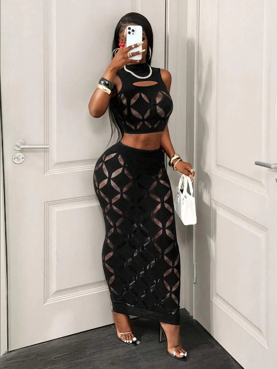 FHSEER 2PCS Womens Sexy Set Plus Size Black Mesh Hollow Out Crop Tank High Waist Bodycon Mini Skirt Lace Stretechy Clubwear 260330
