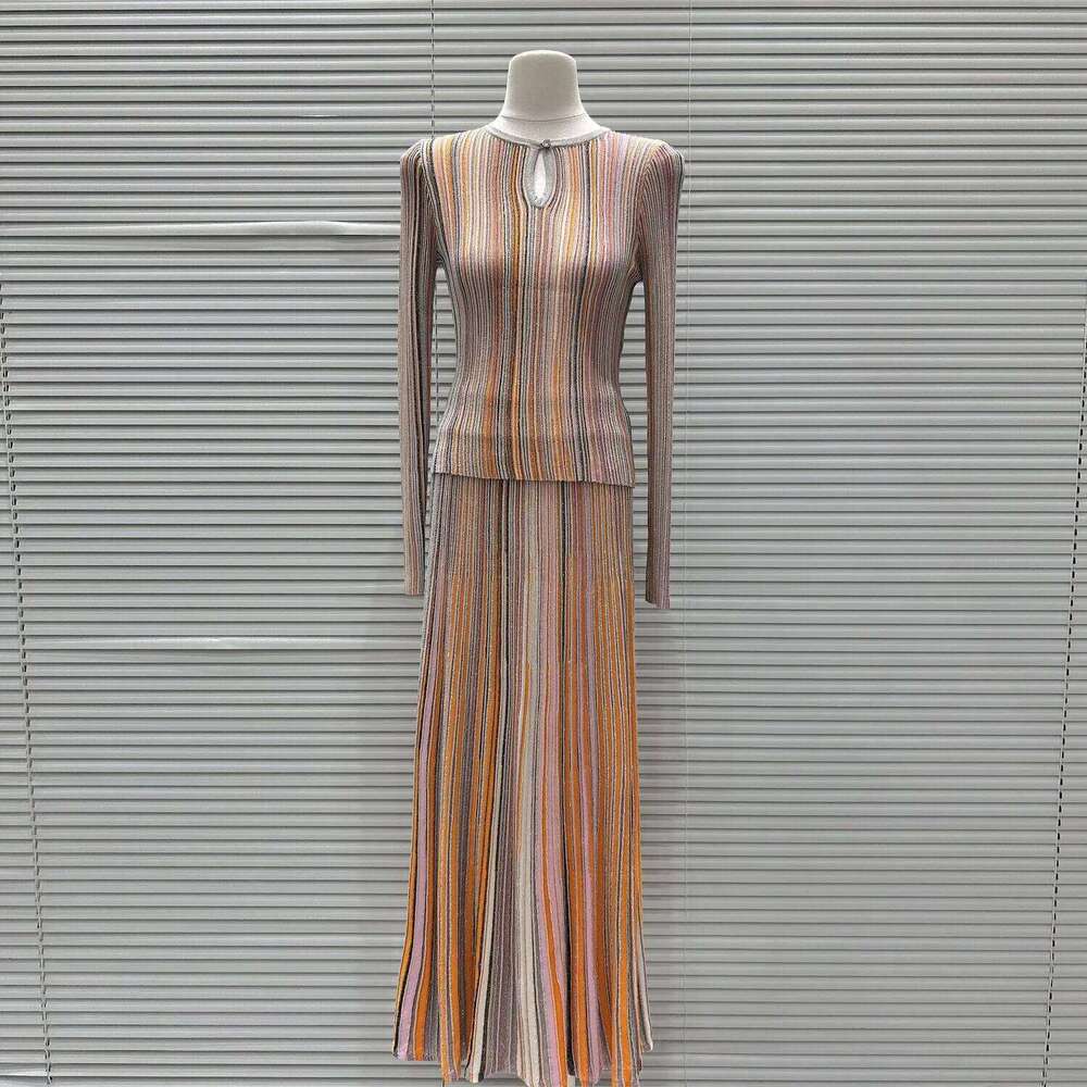 Spring Summer New Elegant Color Mix Striped Knitet Dress Set, Slim - Fitting Knitted Top + Midi Skirt Two-Piece Set Mdng260330