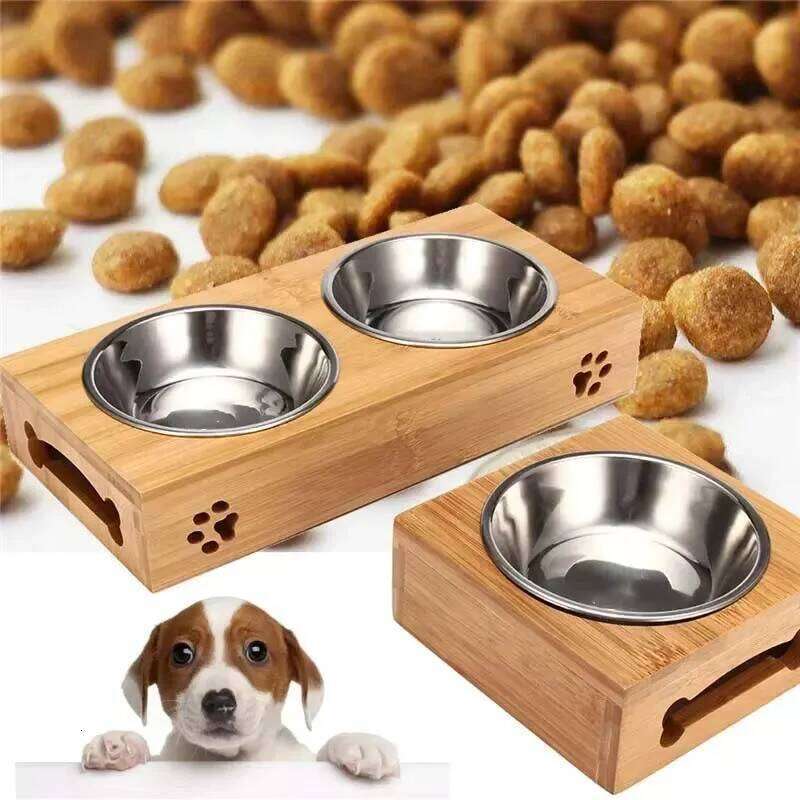 Small Food Pet Dog Cat Ceramic Bowl Bamboo Wooden Table Into A Kitten Skid Resistant Double 26W0330