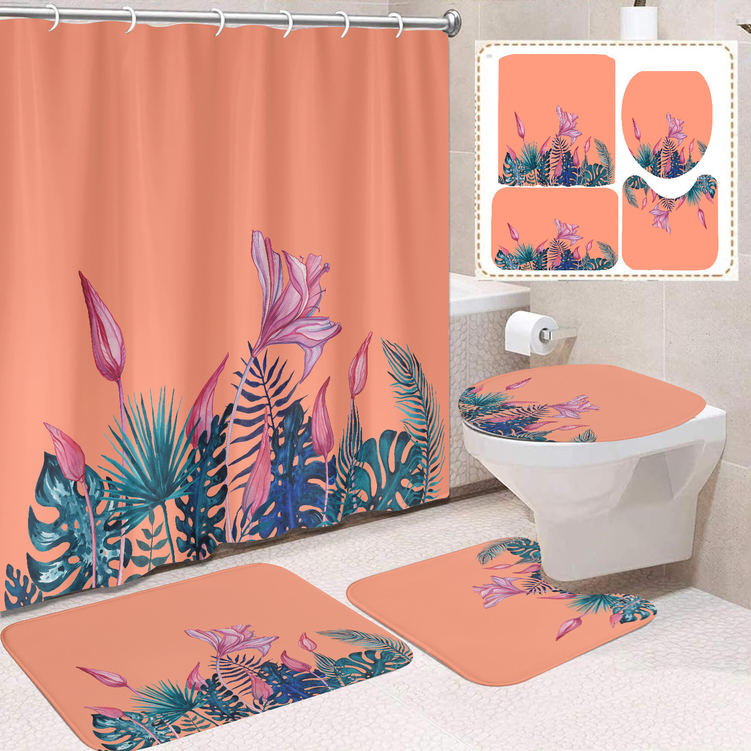 YL-38411 Floral Shower Curtain and Mat Set (4 Pieces) - Bathroom Dry and Wet Separation, Toilet Isolation Curtain, Modern Minimalist Style