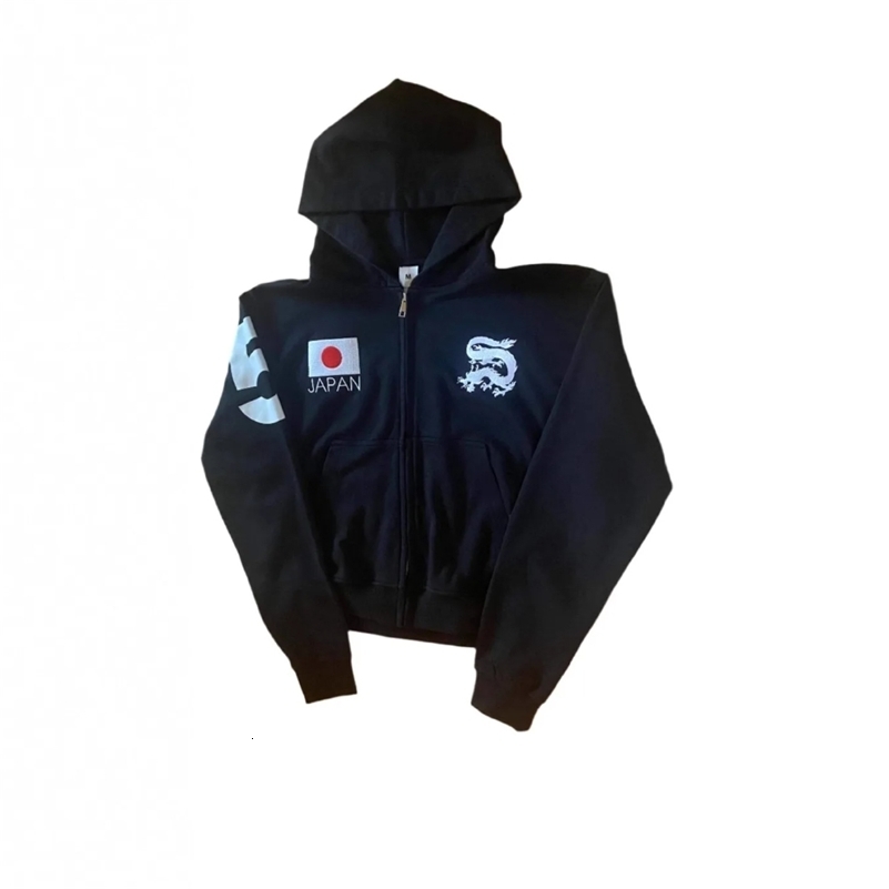 AutumnWinter Y2K Dark Punk Embroidered Hooded Sweatshirt American Retro Jacket Black Zipper Open Fleece Sweater 260327