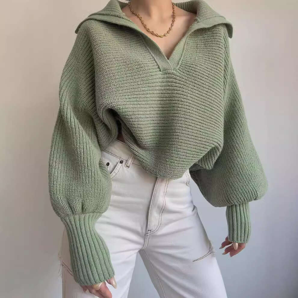 2026 European American cross-border autumn and winter hot-selling casual loose lantern sleeve open-neck pullover women's short sweater