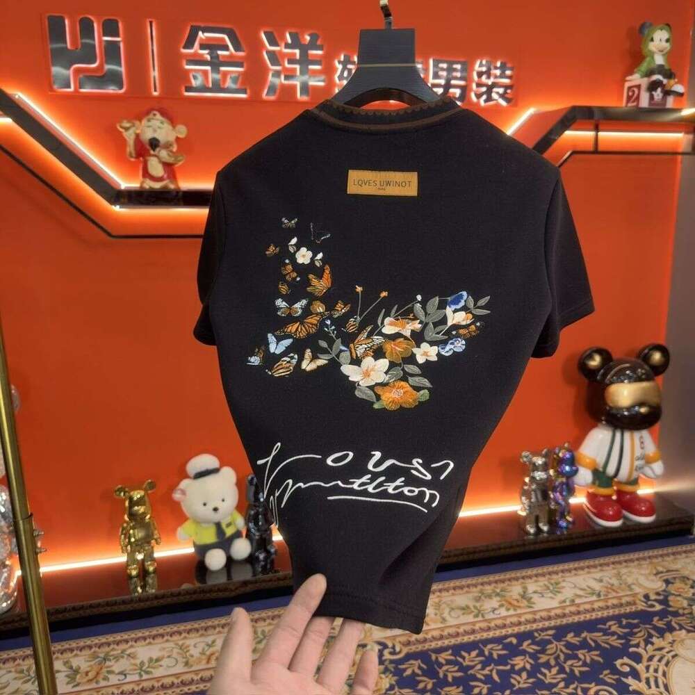2025 Fall/Winter Men's Trendy Casual Versatile Top New Fashion Butterfly Embroidery Short Sleeve T-Shirt Asia Size