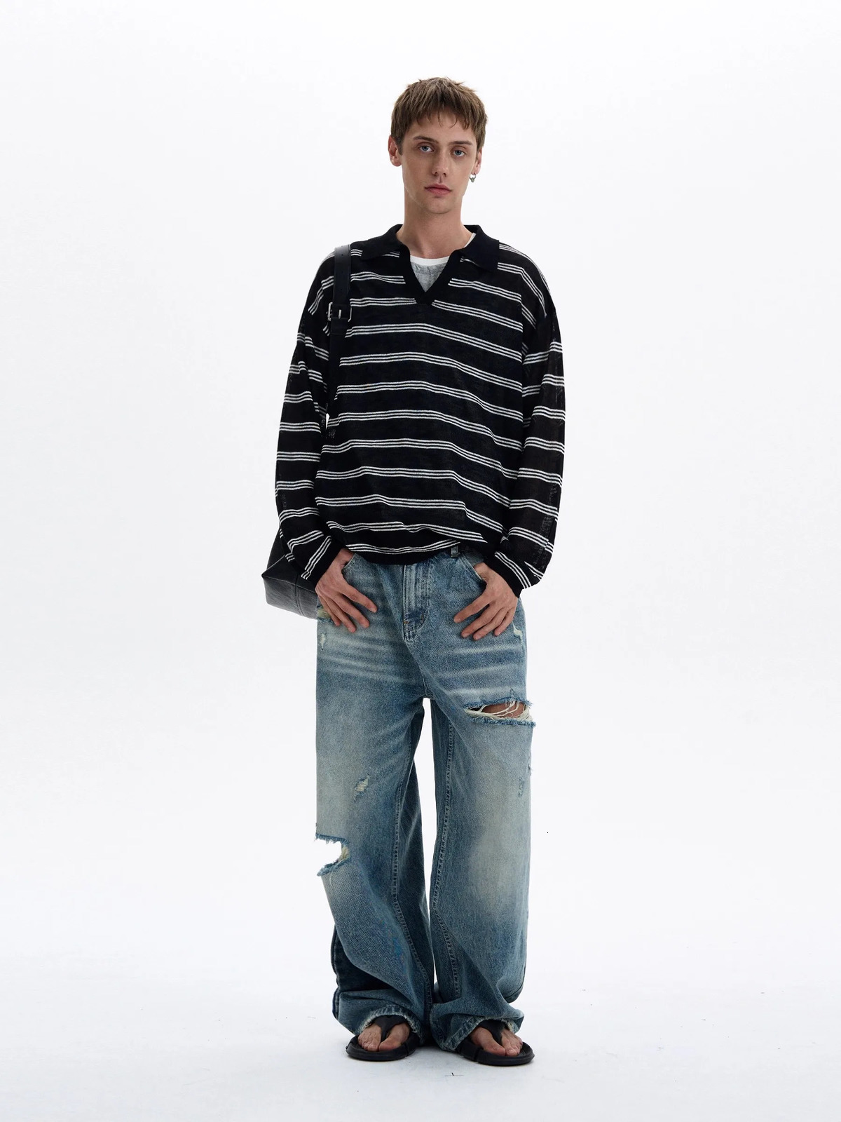 American Retro Striped Contrasting Color V-neck Long-sleeved Polo Shirt Men Women Loose Casual Bottoming Trendy Tops Aesthetic 260326