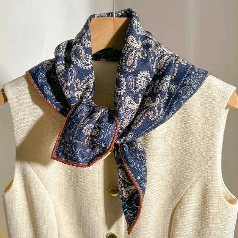 Psychedelic Paisley Silk Wool Scarf for Wen Autumn/Winter Deep Blue Versatile Warm Elegant Square Shawl X260328