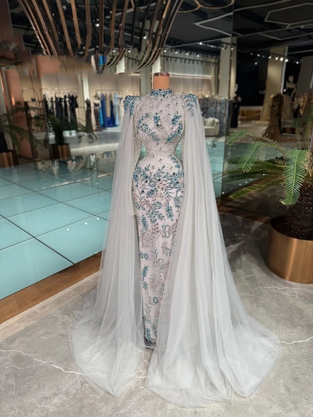 Fashion High Neck Sequins Prom Dresses Elegant Beaded Crystal Lace Evening Dress Floor Length Party Gown Customized