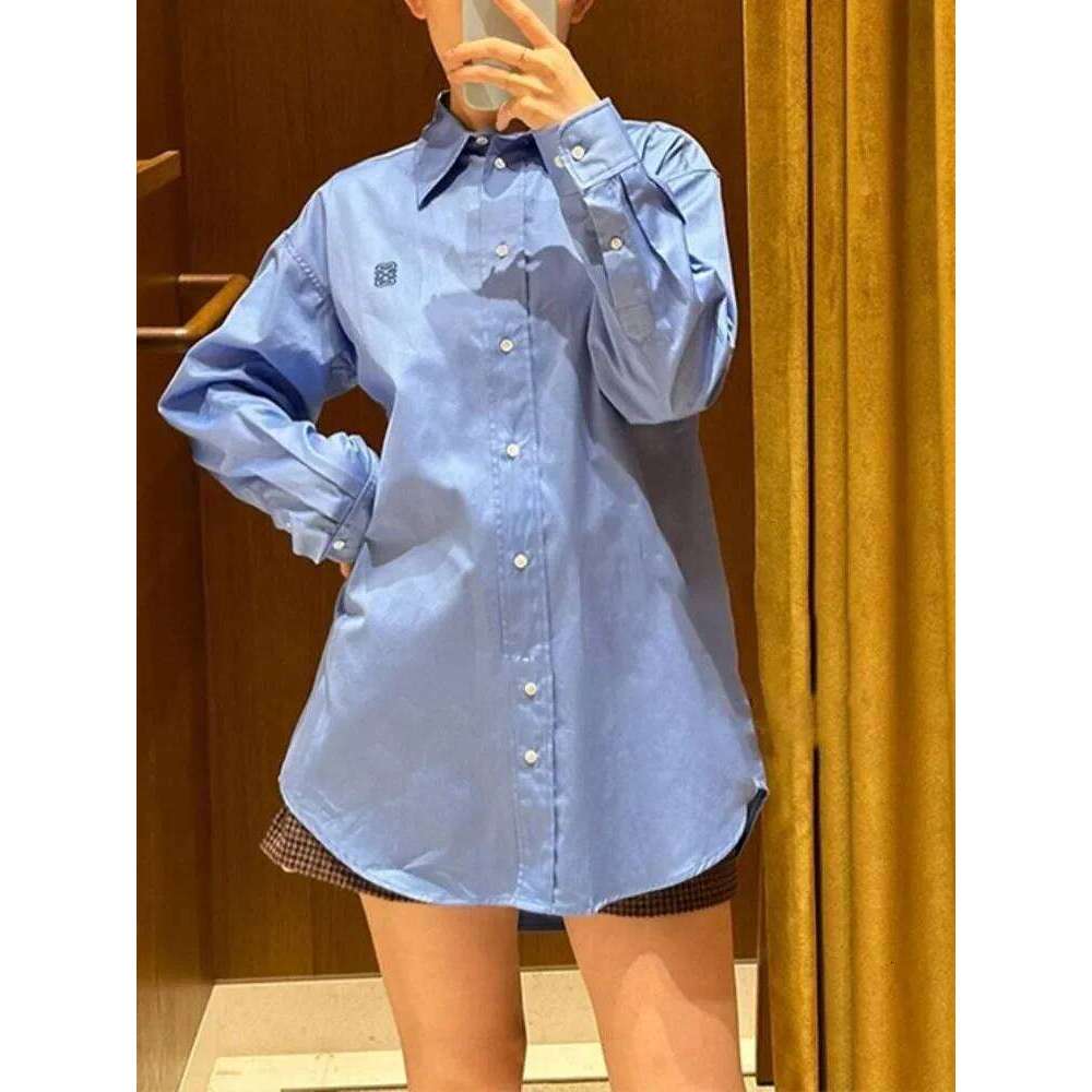 Women Long Sleeve Blue Urn-Down Collar Logo Embroidery Irregular Shirt Mdng260330