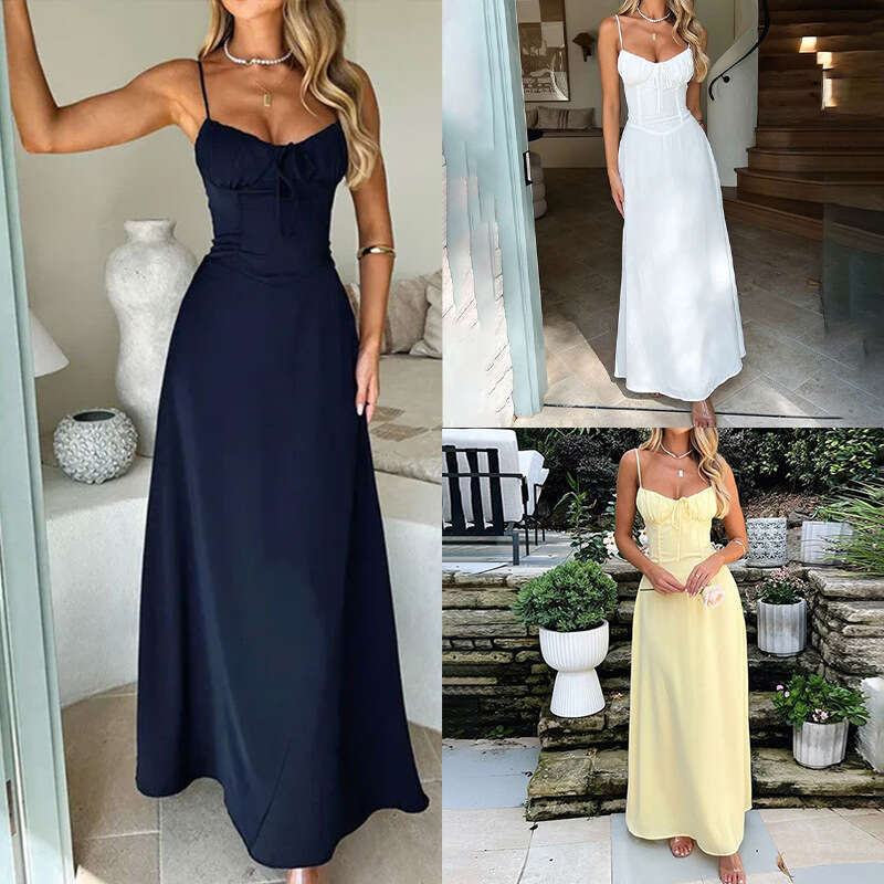 2026 Spring New Collection: Cross-Border European American Foreign Trade Women's Clothing - Elegant and Sexy Solid Color Spliced Strap Long Dress