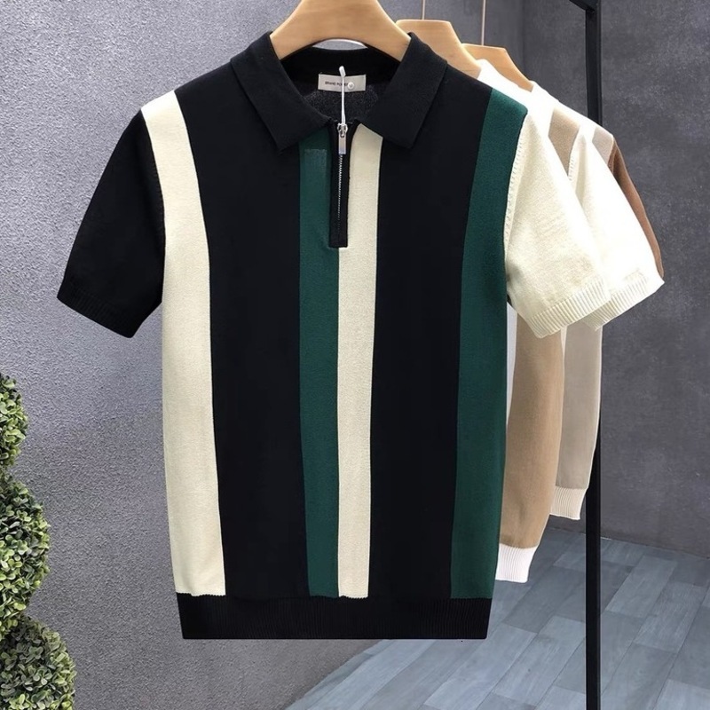 Designer Poloshirt Turn-down Collar Short Sleeve Block Knit Polo Shirt Half Zipper Slim Fit Short Sleeve British Business Trendy Brand Man Tee