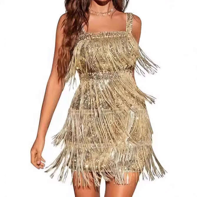 2026 European and American cross-border solid color tassel sequin strap cocktail party dress short skirt with tassels