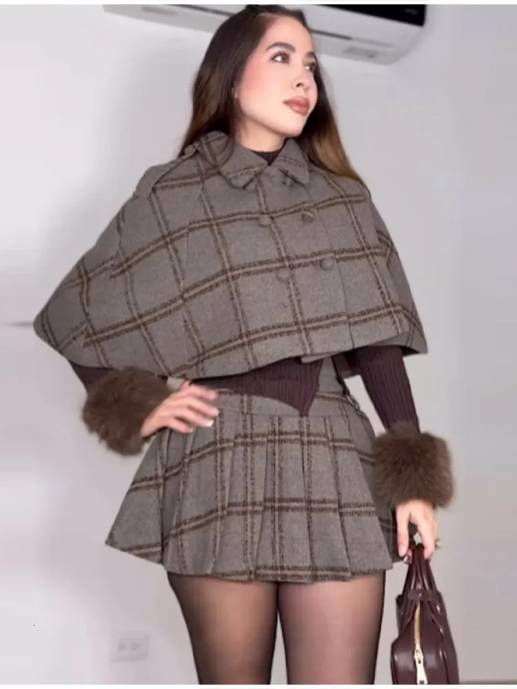 Detective Plaid Coat Skirt Sets For Women Lapel Double Breasted Cape Jacket Pleated Hem Mini Skirt 2026 Lady Vintage Outfits 260326