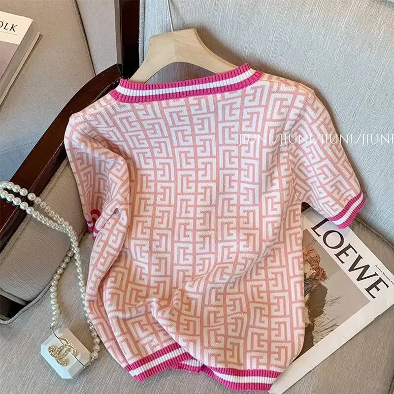 Ladies Fashionable Buttons Patchwork O-neck Short Sleeve T-Shirts Summer Women Clothes All-match Geometric Pknitting Ullovers