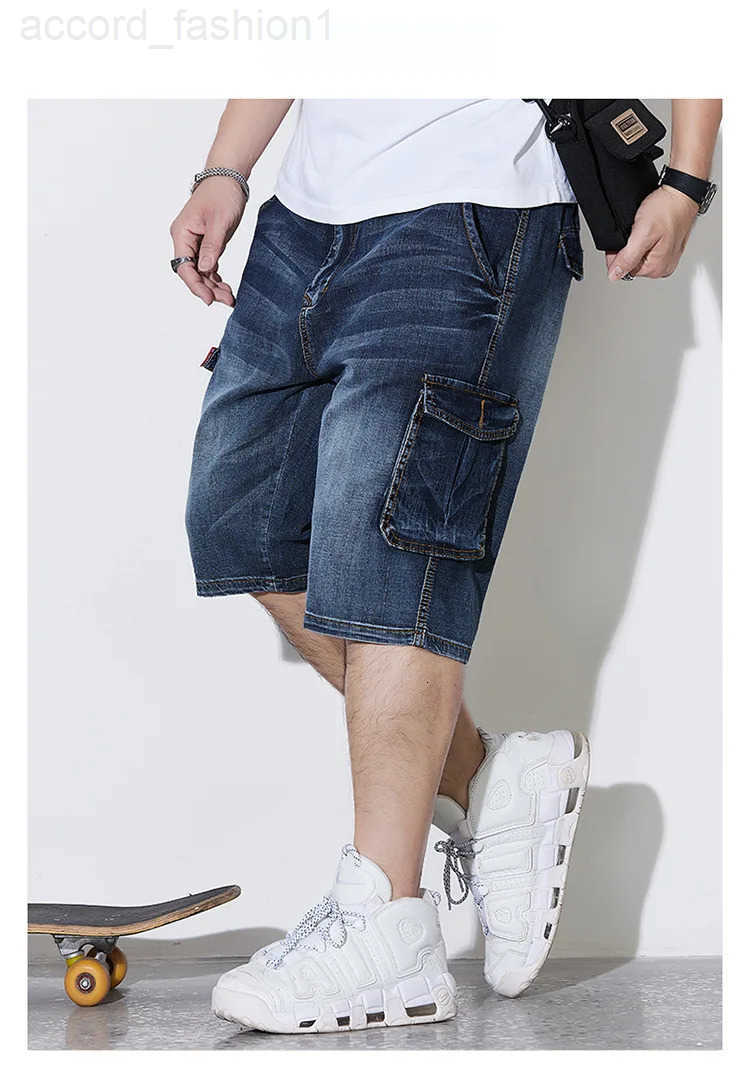 Summer five-minute trousers mens loose large size denim shorts multi-pocketed trousers tide workwear breeches 48 46 8xl 7xl H260330