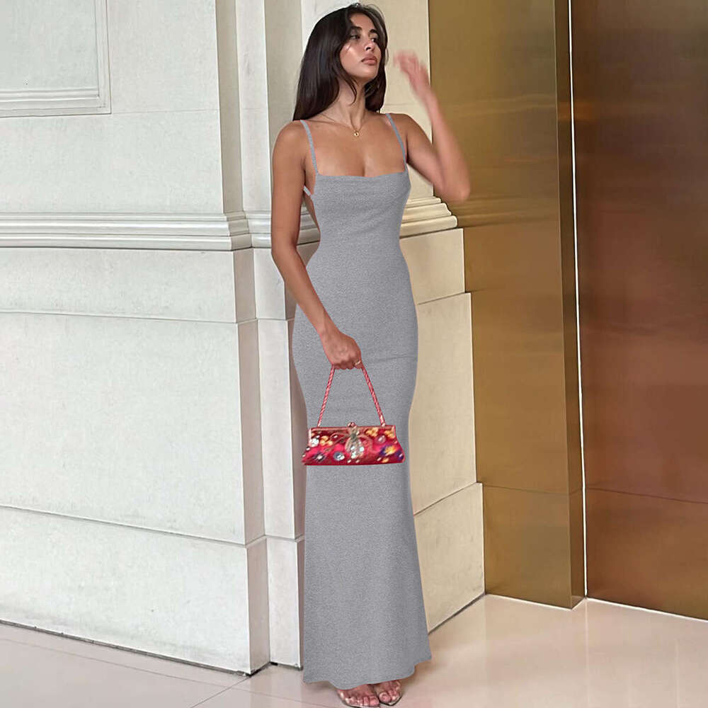 2026 summer designer A11 European and American women's fashion new sexy slim fit backless suspender solid color dress