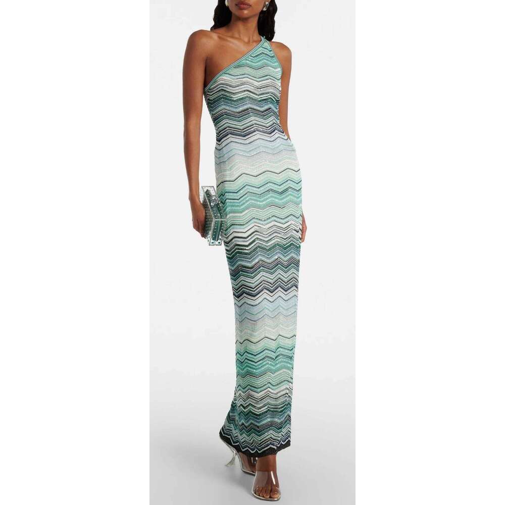 Women One Shoulder Zigzag Metallic Sleeveless Slim Long Dress Mdng260330
