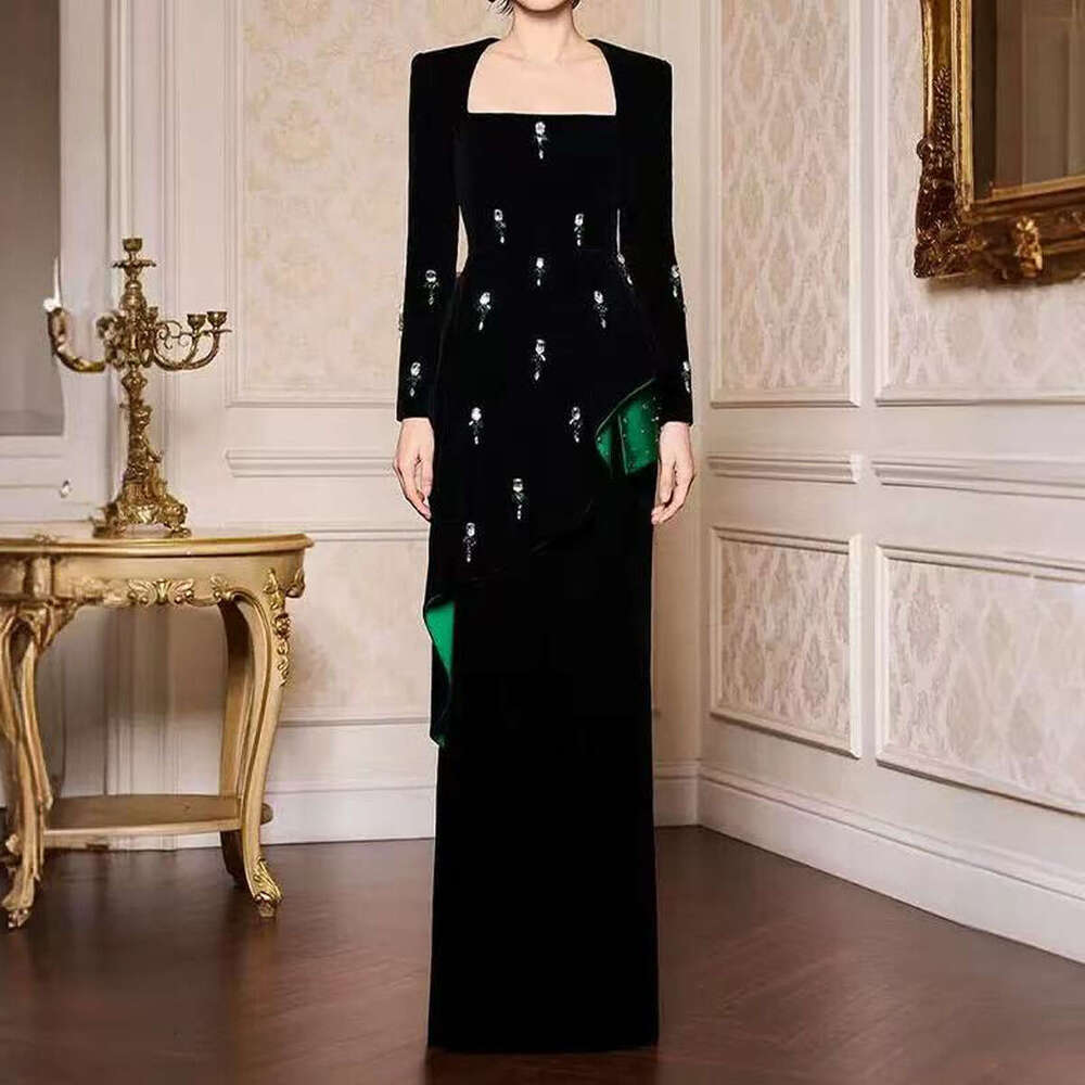 Spring and Autumn New Designer r27 High Quality Fashion Square Collar r27 Waist Slim Fit Inlaid Long Sleeve Women's Long Skirt