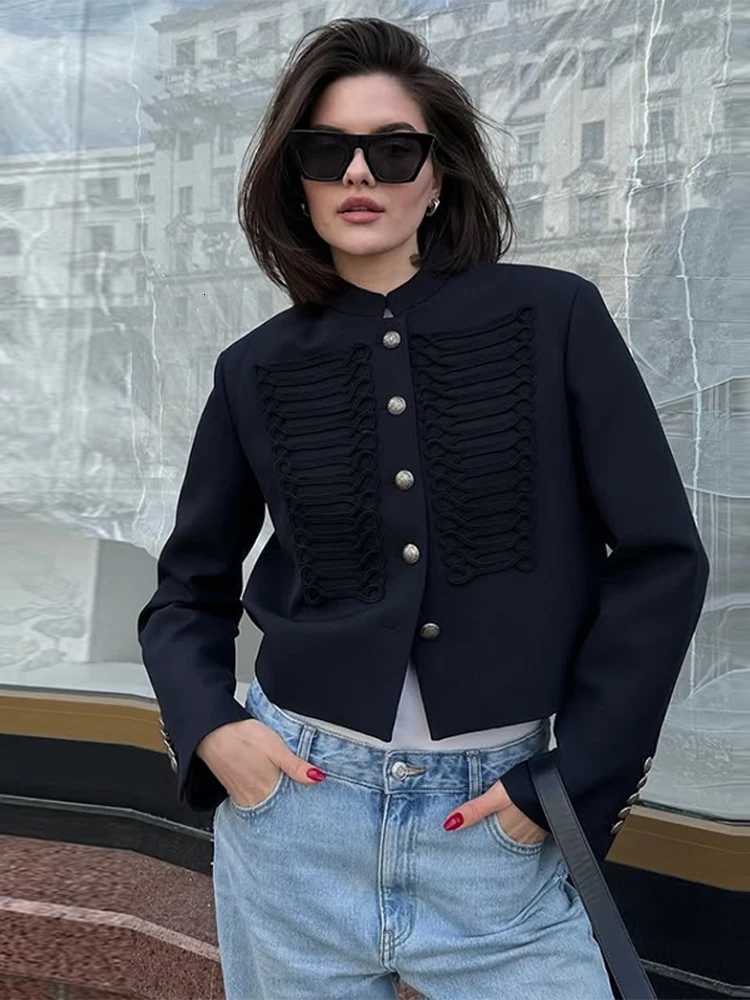 Womens Napoleon Style Black Cropped Jacket Coat Long Sleeve Tops Braided Button Trim Vintage Slim Fit Fashion Lady OuterwearT260328