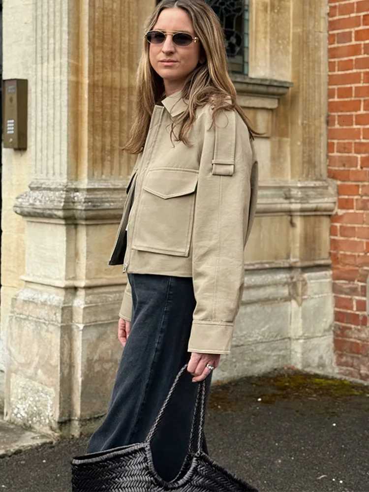 Vintage Womens Short Jacket Pockets Zipper Full Sleeve Khaki Green Thick Coats 2025 Spring Autumn Lady Loose Street OutwearT260328
