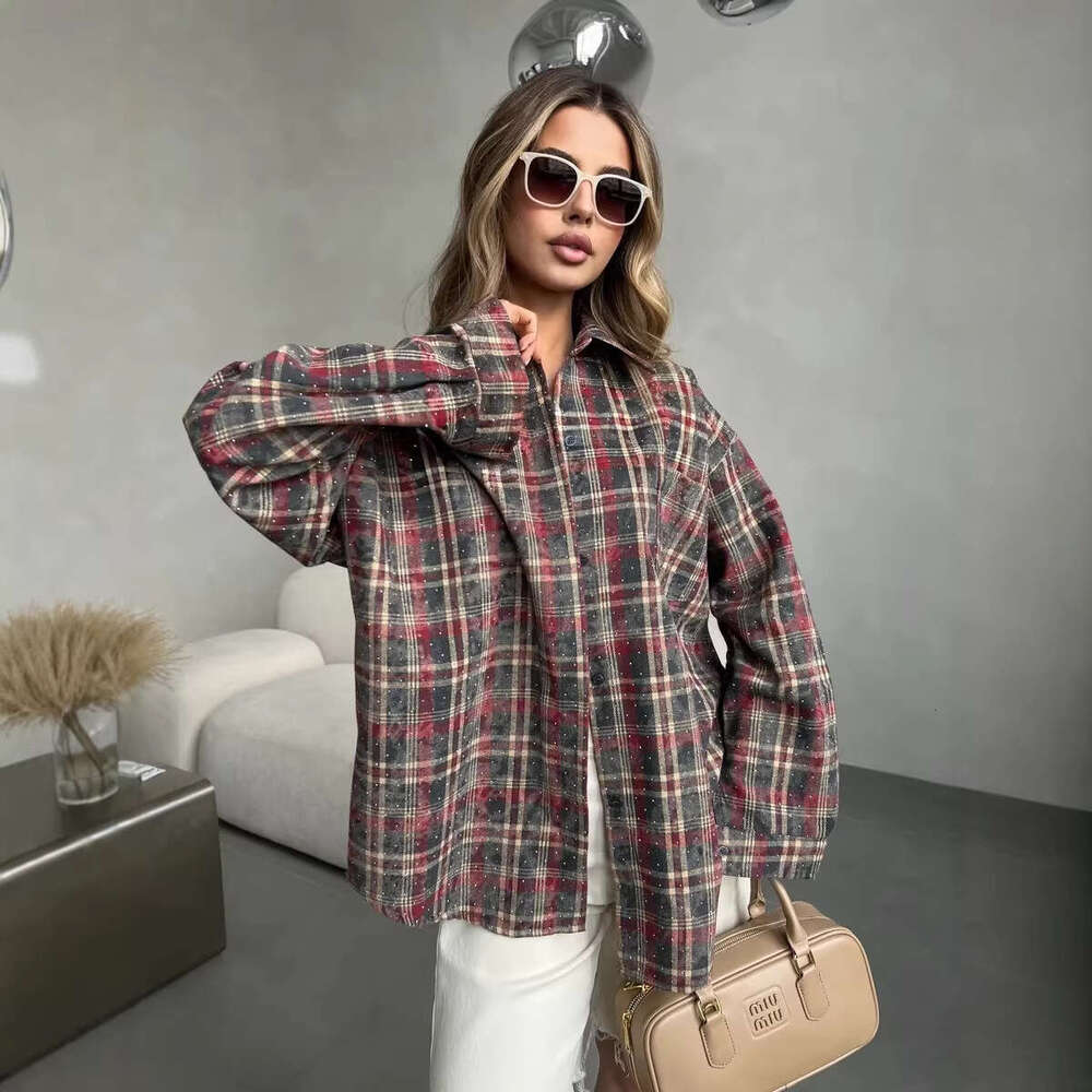 plaid long-sleeve women's shirt with rhinestones, loose fit, vintage, fashionable, casual, suitable for commuting,