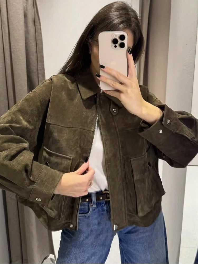 SLTNX Womens Olive Green Suede Jacket Oversized Lapel Coat Long Sleeve Pocket Streetwear Fall Winter OuterwearT260328