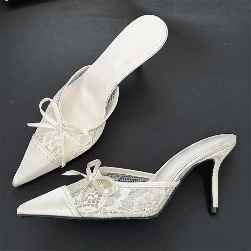 Eilyken Elegant Mesh Fabric Butterfly-knot Pointed Toe Slippers Women Sexy Thin Heels Party Prom Mule Shoes Z260330