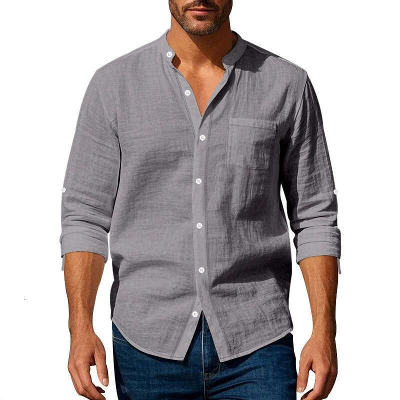 Amazon cross-border spring and autumn long-sleeve stand-collar breathable casual men's new Chinese-style pocket shirt