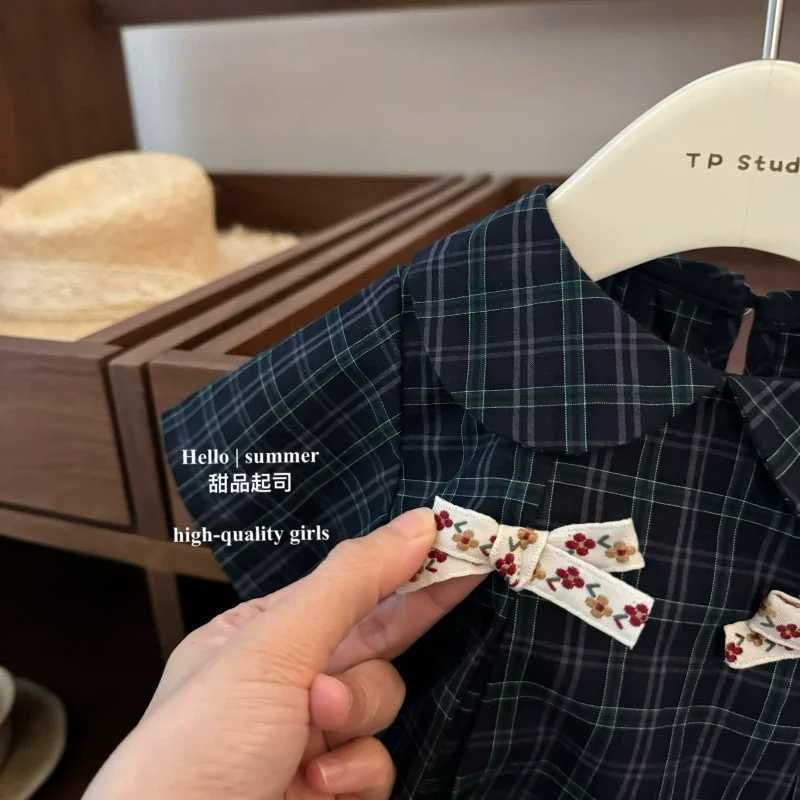Summer Girls Plaid Dress Korean Style Doll Collar Dress Baby Fashionable Princess Plaid Dress Short-Sleeved Summer DressT260330