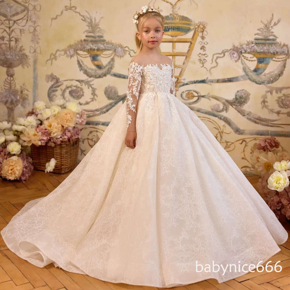 vestidos de primera comunion 2026 Illusion Sleeves pentelei Ivory Lace Baby Kid Christening First Communion Dress for Little Girls Long Flower Girl Go