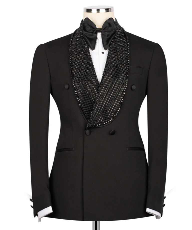 Elegante Men Black Suit 2 Pieces Formal Wedding Slim Fit Tuxedos Shawl Lapel Double Breasted Tailored Made Prom