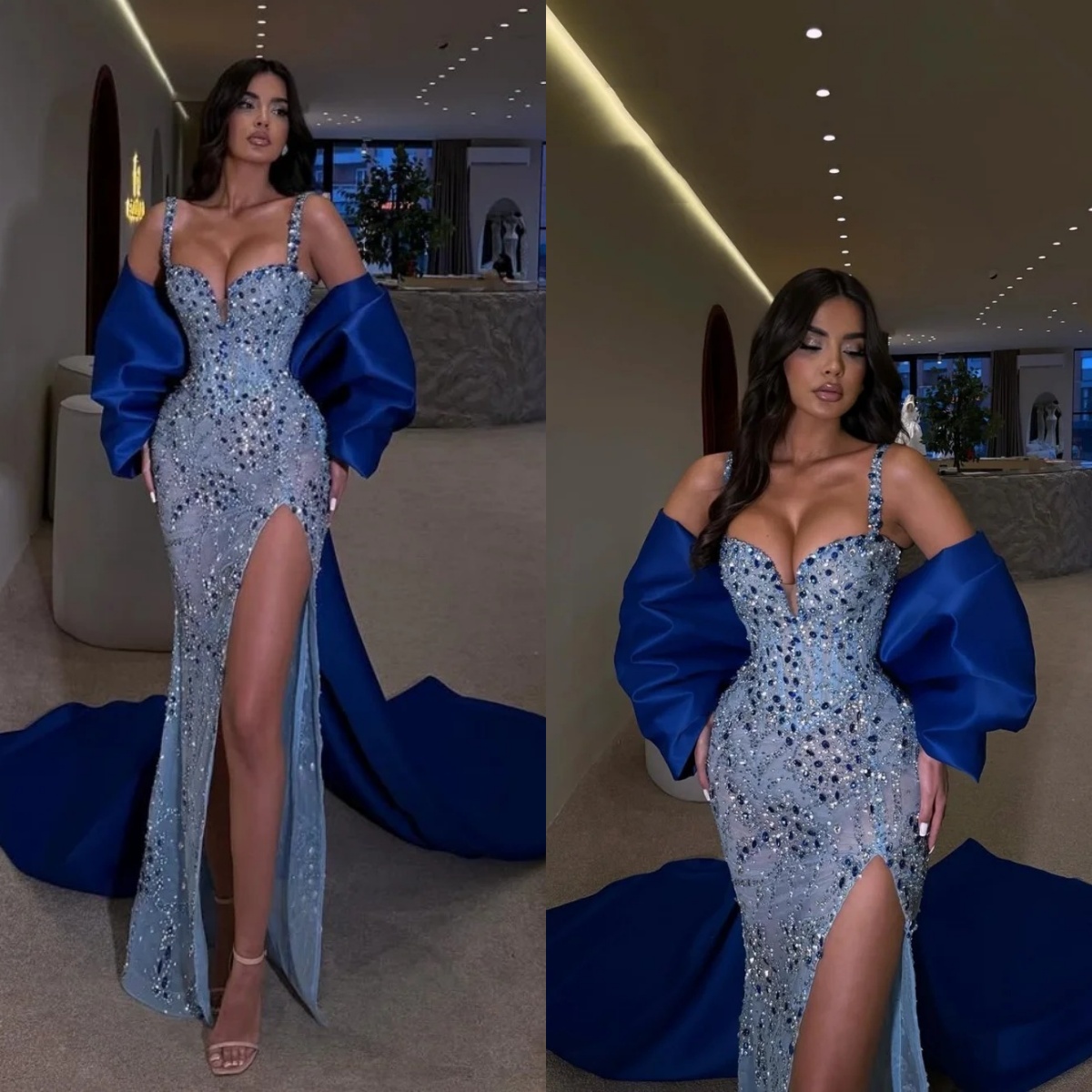 Gorgeous Spaghetti Straps Crystal Prom Dresses Elegant Beaded Sequined Evening Dress High Side Slit Party Gown Customized