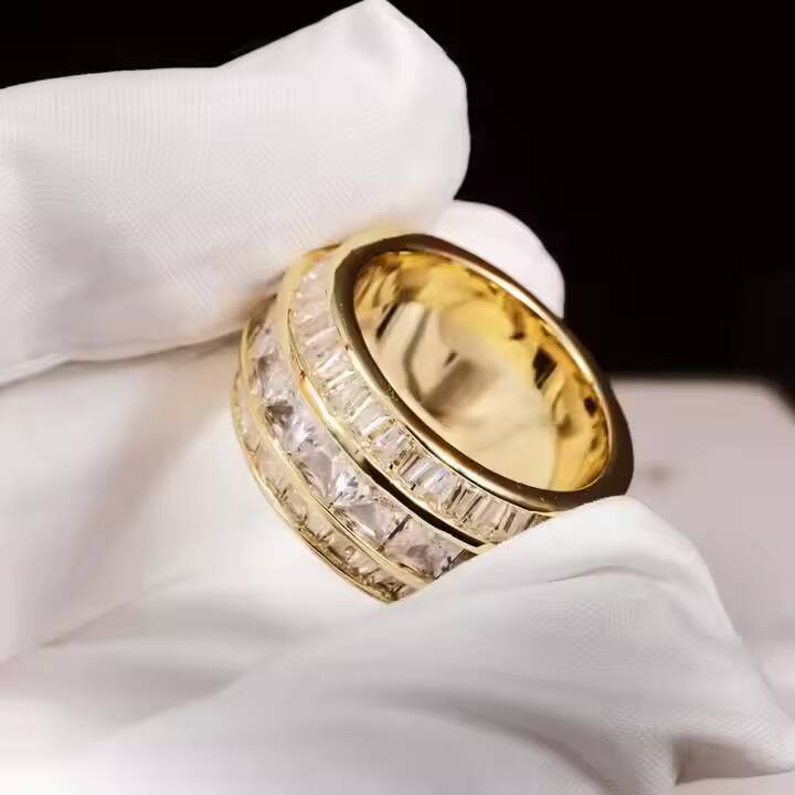 Mens Stainless Steel Moissanite Stone Hip Hop Ring with Baguette Diamond for Anniversary Gift