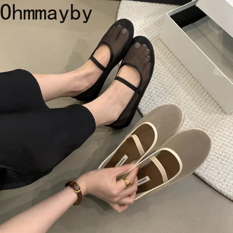 Autumn Women Mesh Fabric Ballet Flat Shoes Fashion Shallow Elastic Band Ladies Comfort Soft Sole Mary Jane Shoes 260323