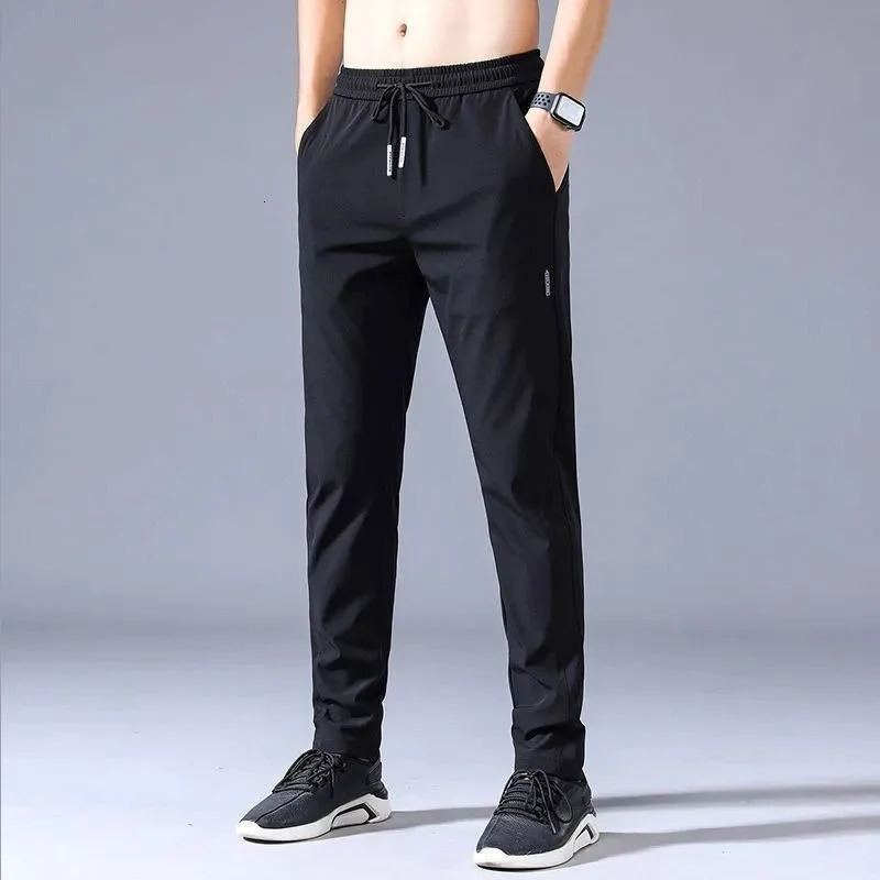 Ice Silk Mens Pants Summer Black Gray Thin Business Casual Pants Outdoor Elastic Breathable Straight Leg Sweatpants 260330